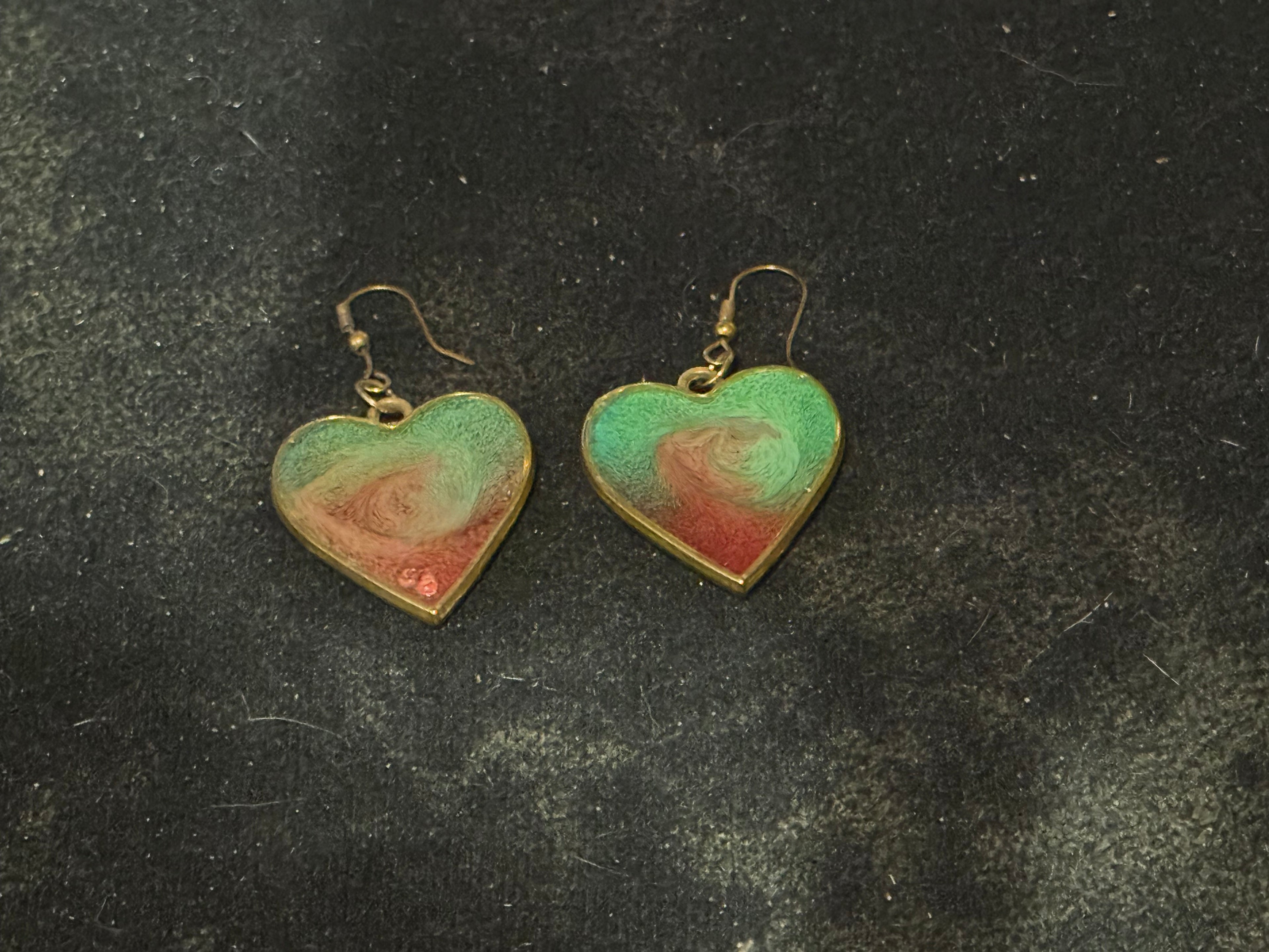 Watercolor Heart Resin Earrings - Green & Coral Swirl