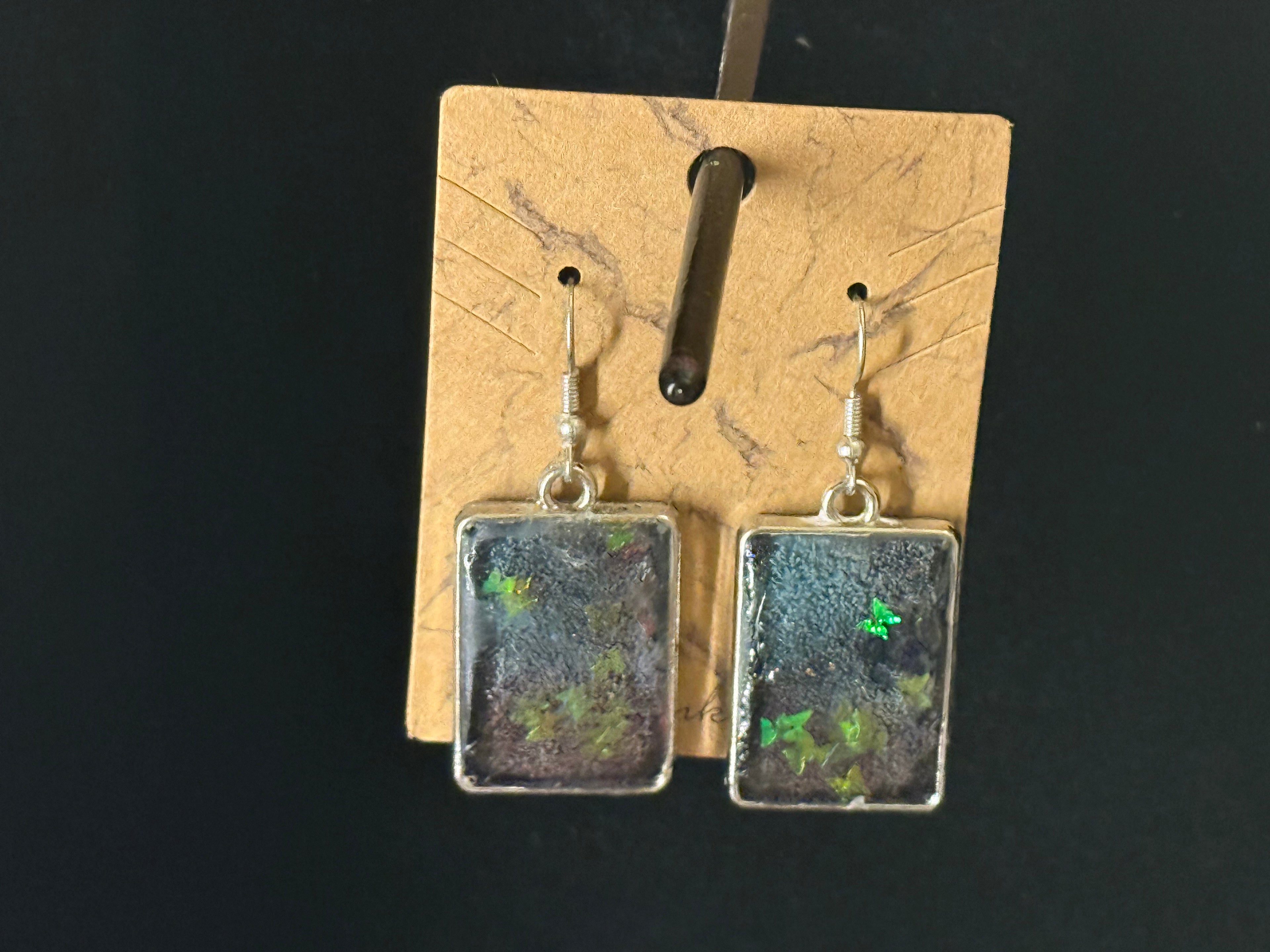 Sparkly Moss Rectangle Resin Earrings - Nature Inspired