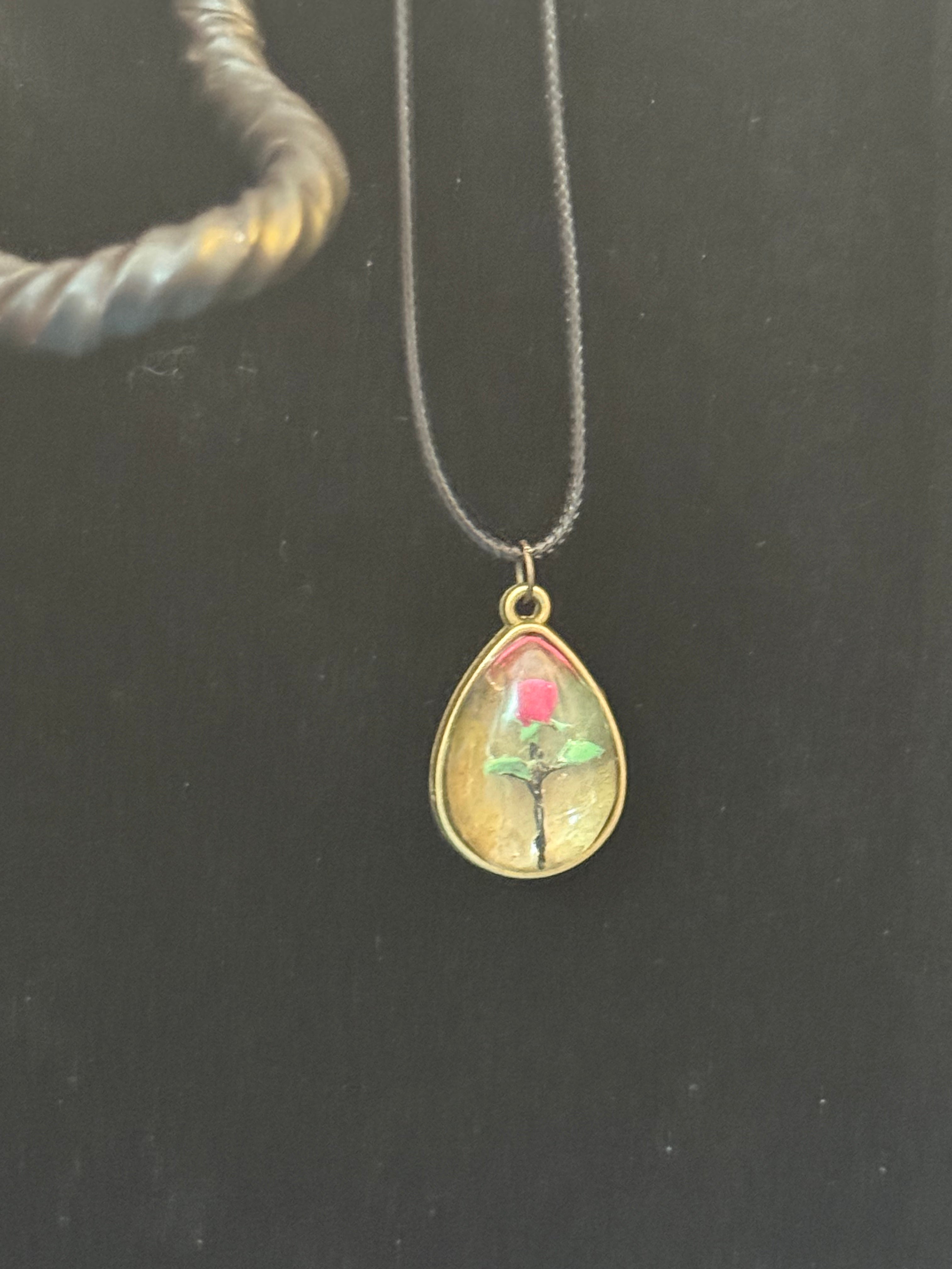 Rose Teardrop Resin Necklace - Pink Botanical Gold