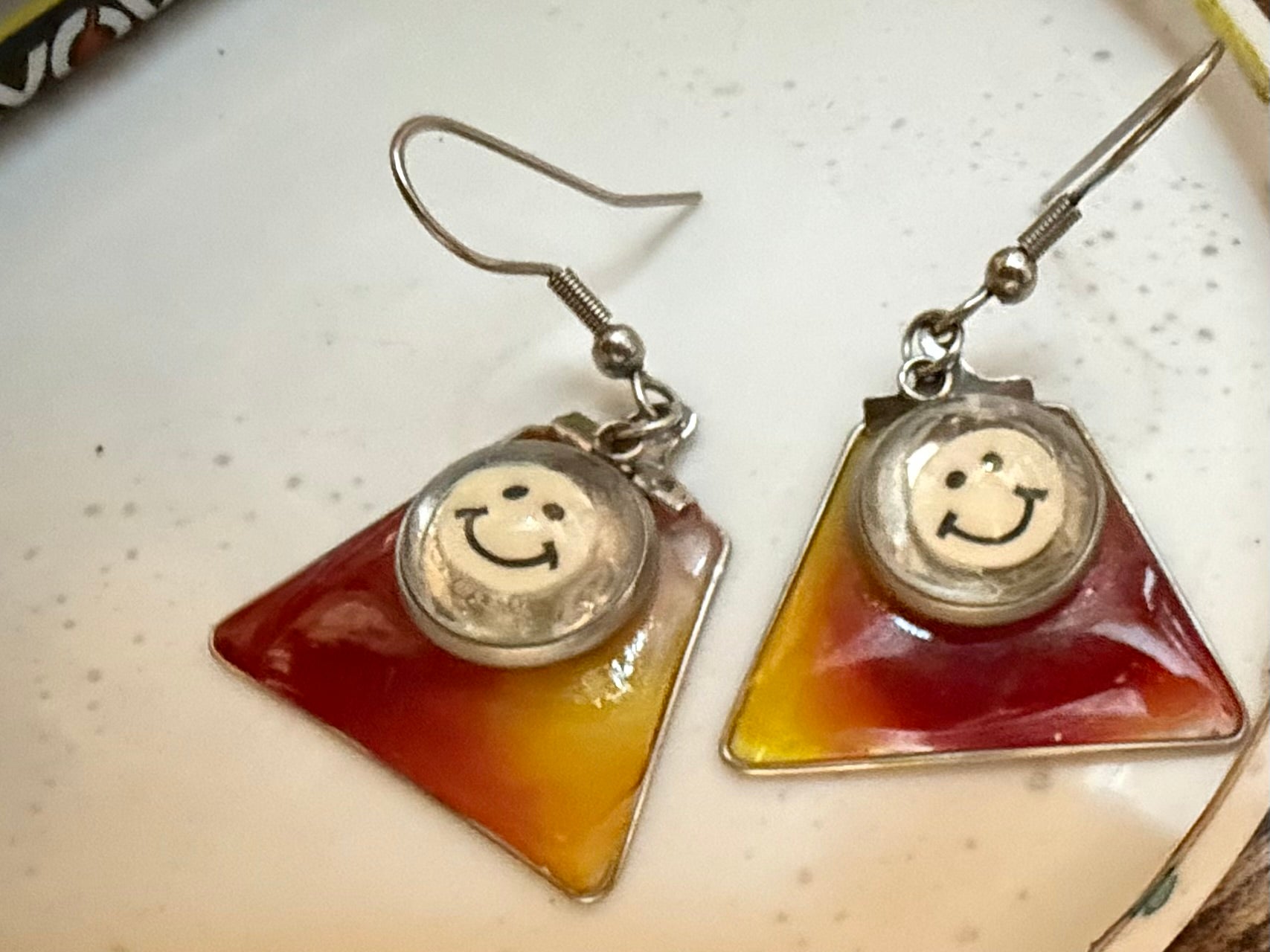 Red Orange Ombre Triangle Earrings with Smiley Face - Handmade Resin Jewelry