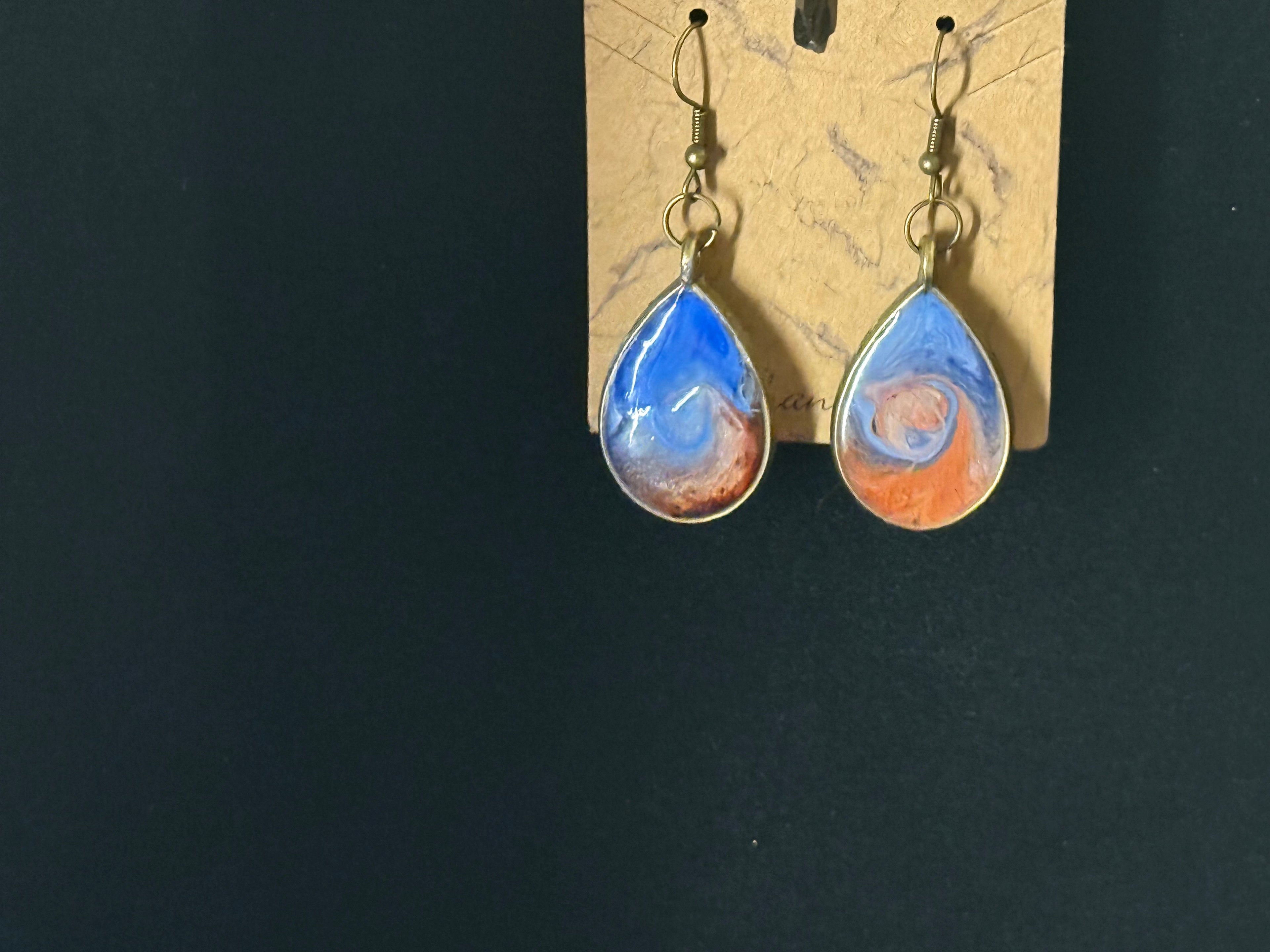 Swirled Resin Teardrop Earrings - Blue & Coral