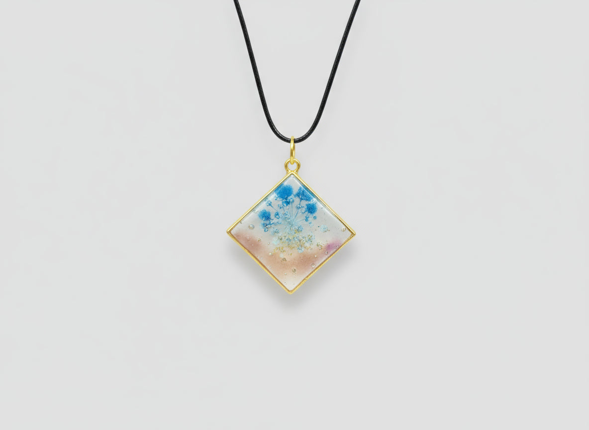 Blue Flower Diamond Resin Pendant Necklace