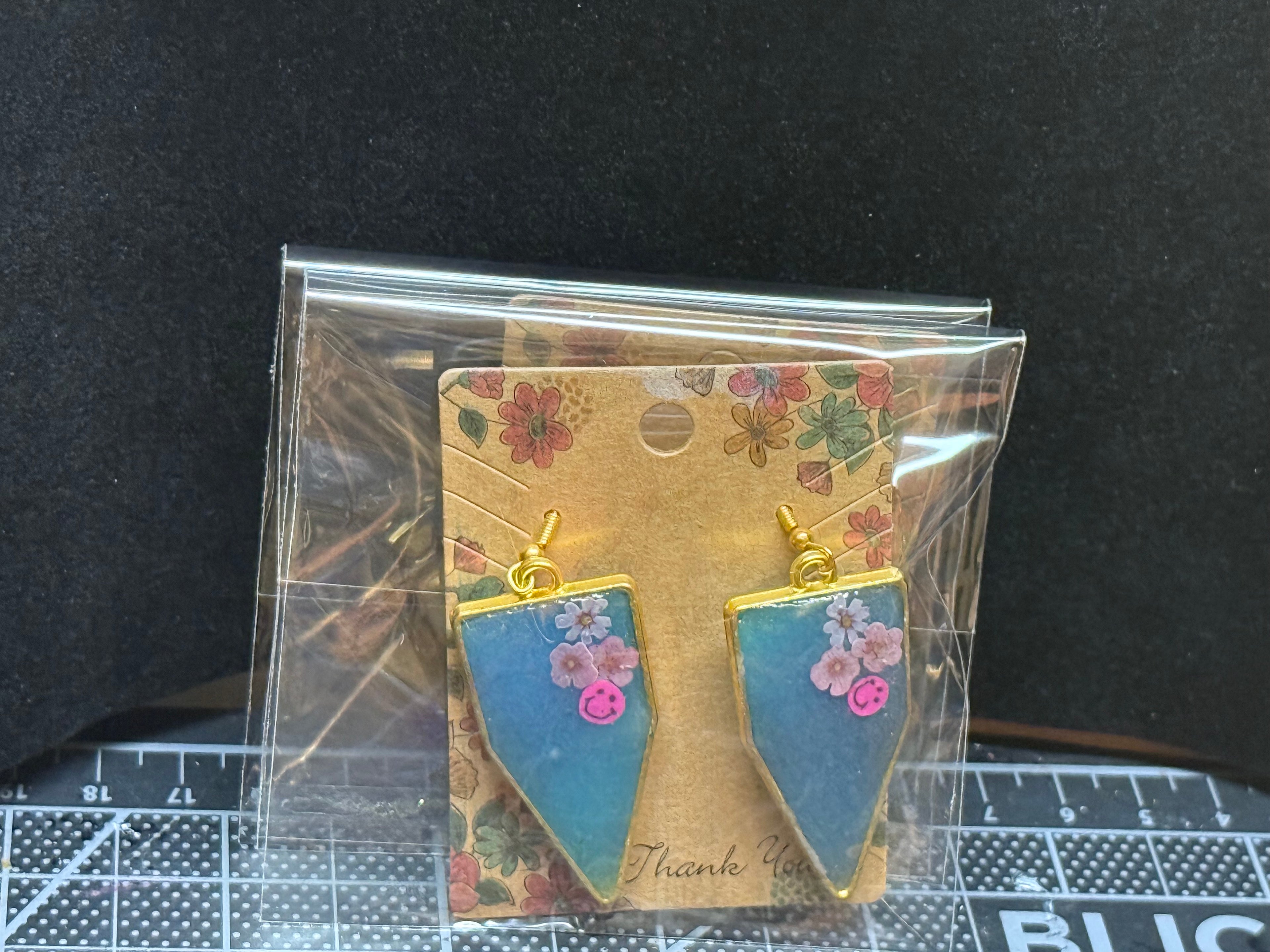 Teal Shield Earrings with Pink Flowers - Handmade Resin Jewelry