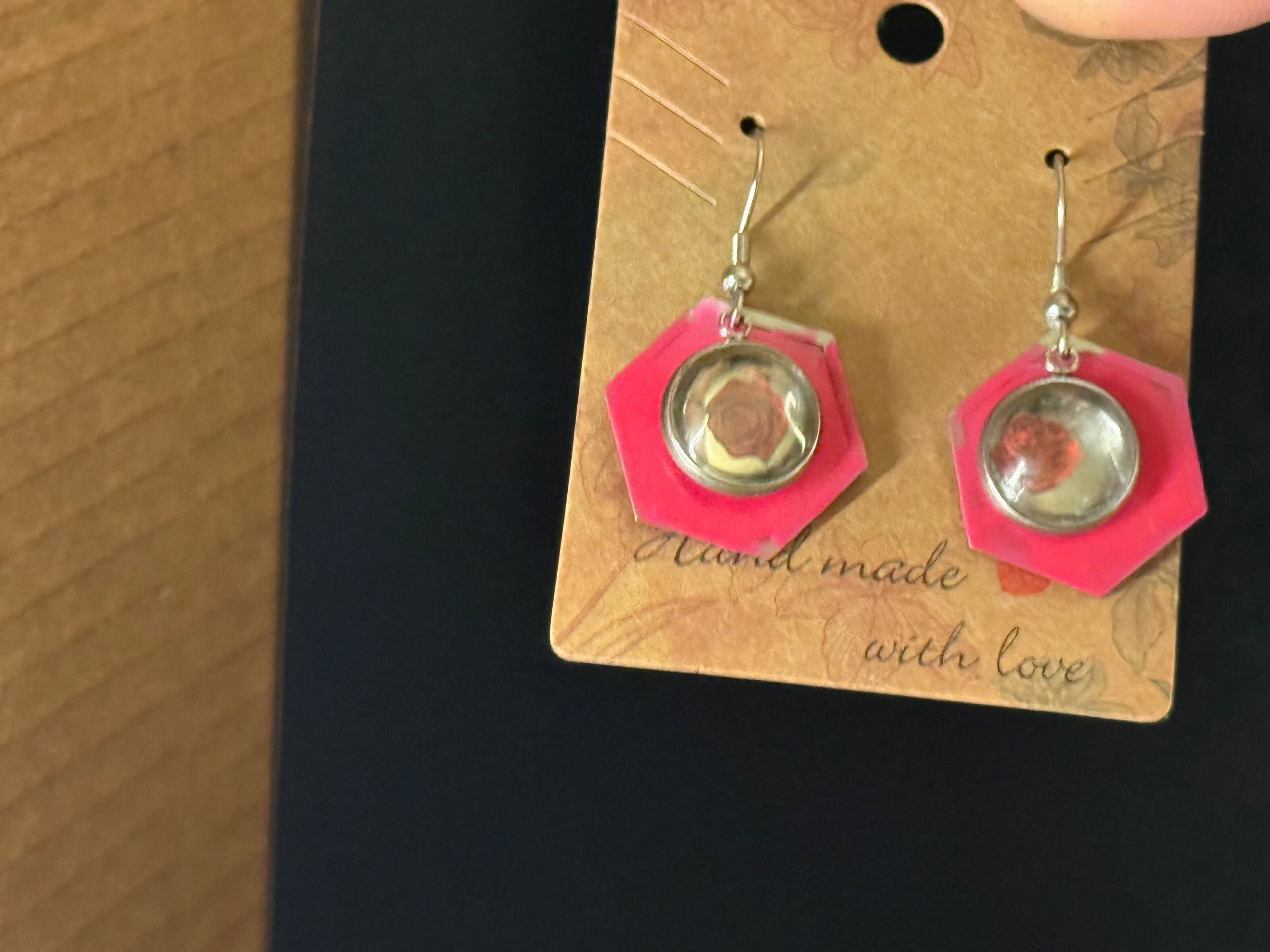 Pink Hexagon Flower Resin Earrings - Handcrafted