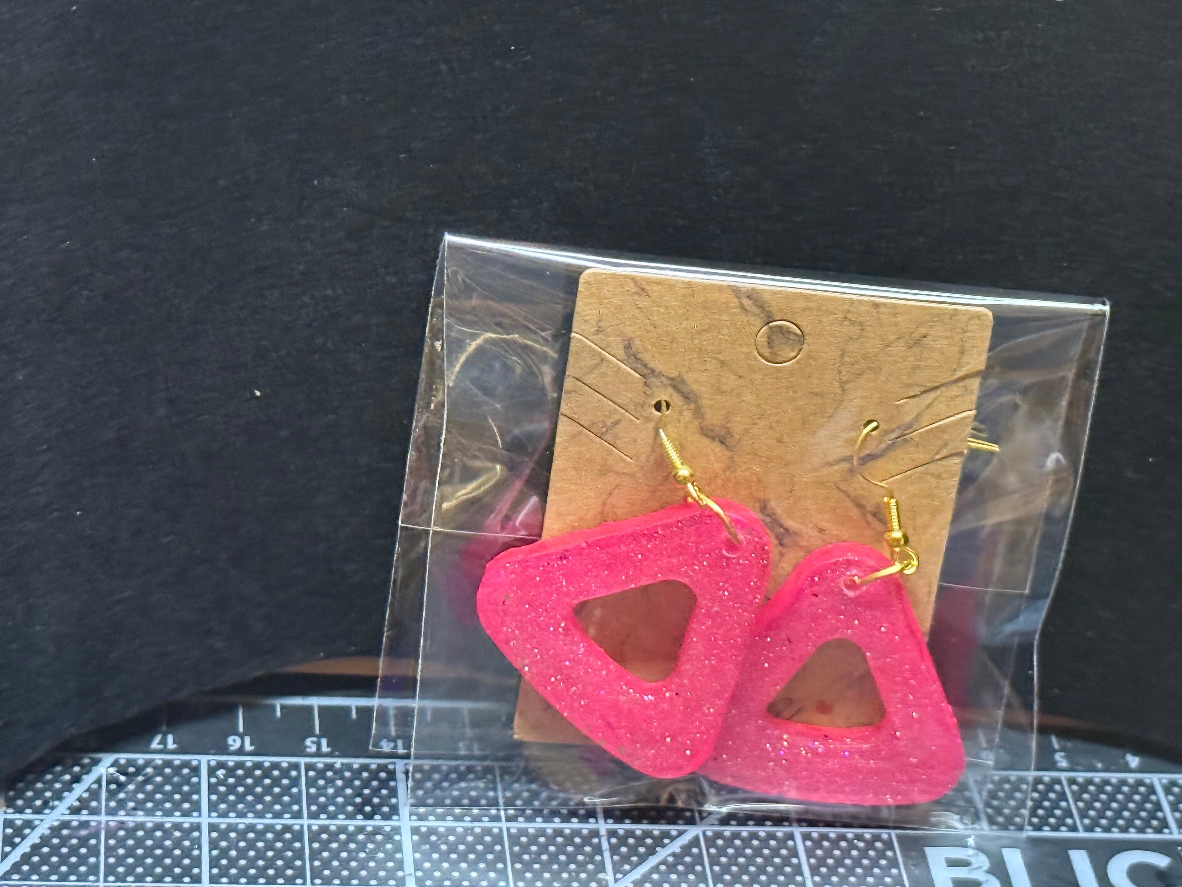 Pink Glitter Heart Earrings - Handmade Statement Jewelry