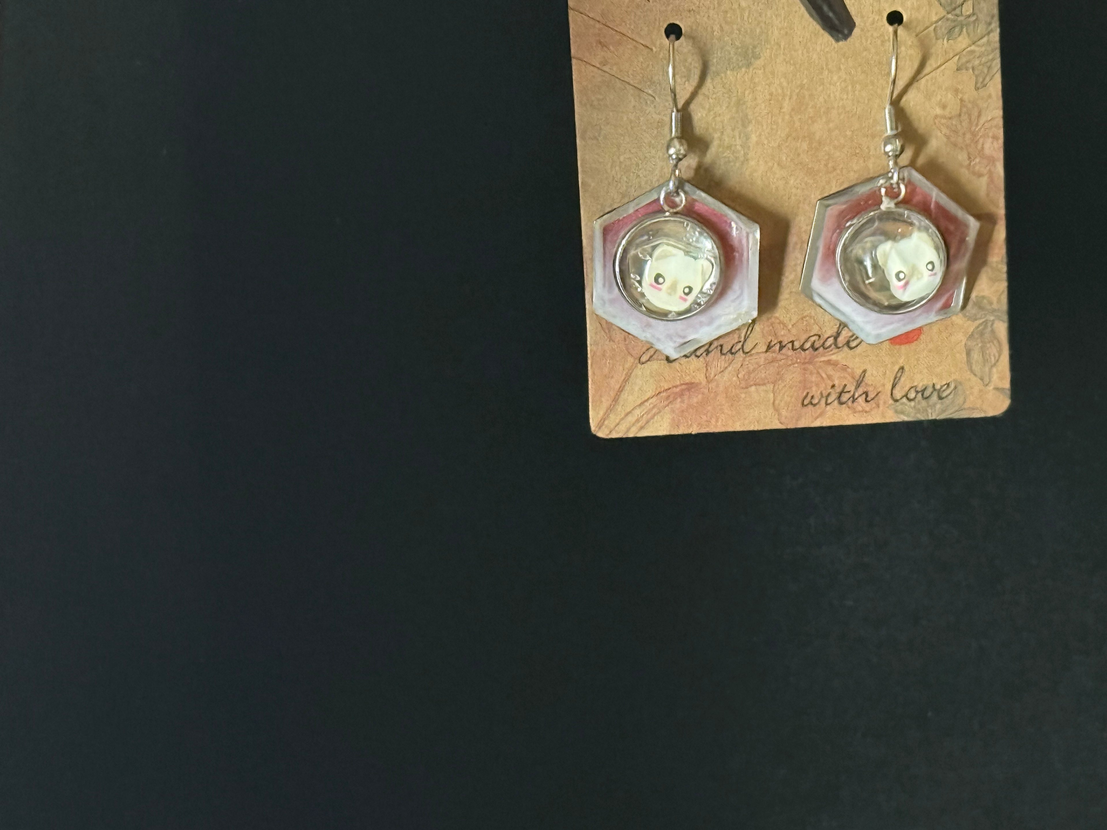 Pink Hexagon Earrings with Bunny Charm - Handmade Resin Jewelry