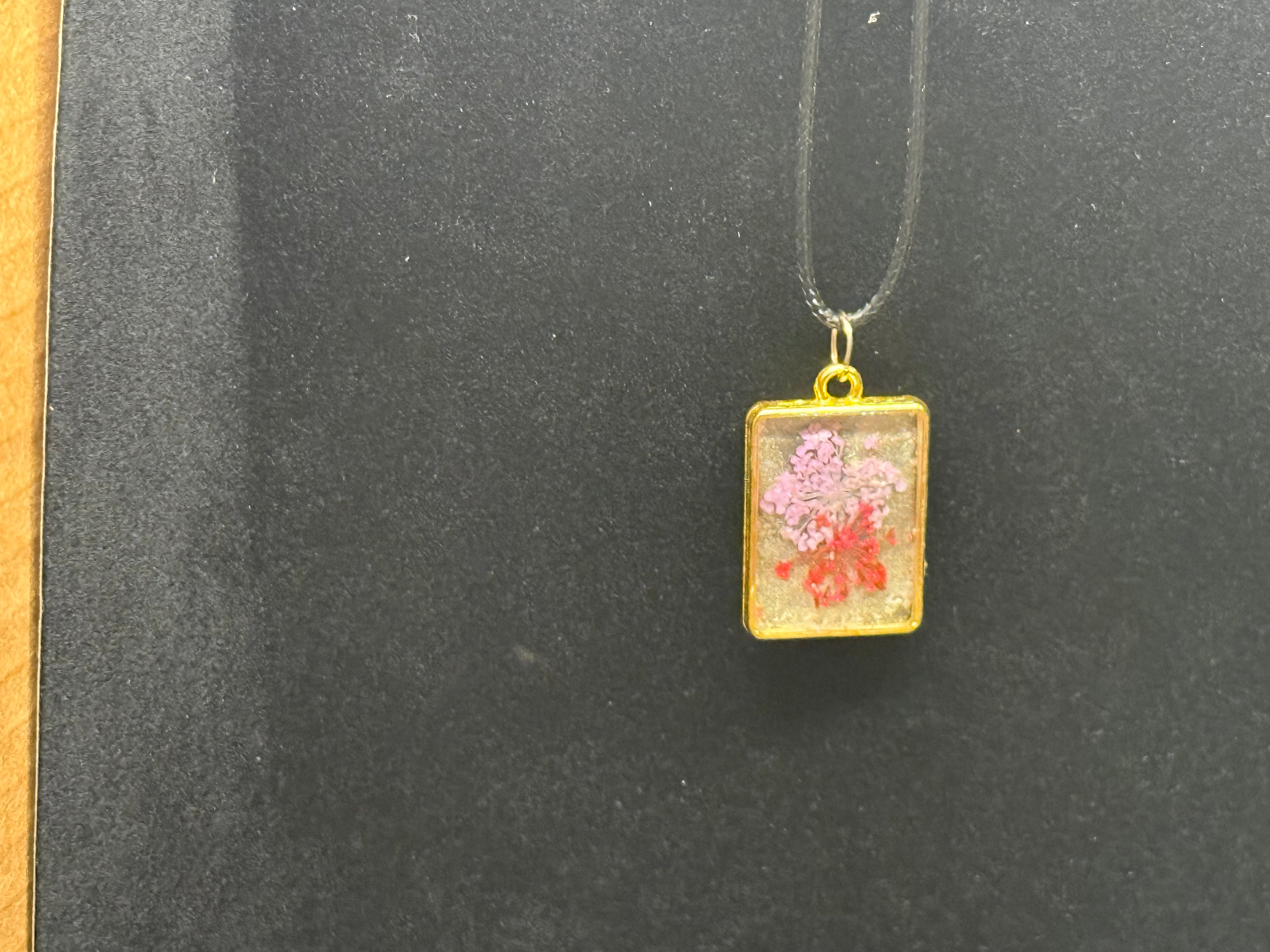 Pink Coral Flower Rectangle Resin Pendant Necklace