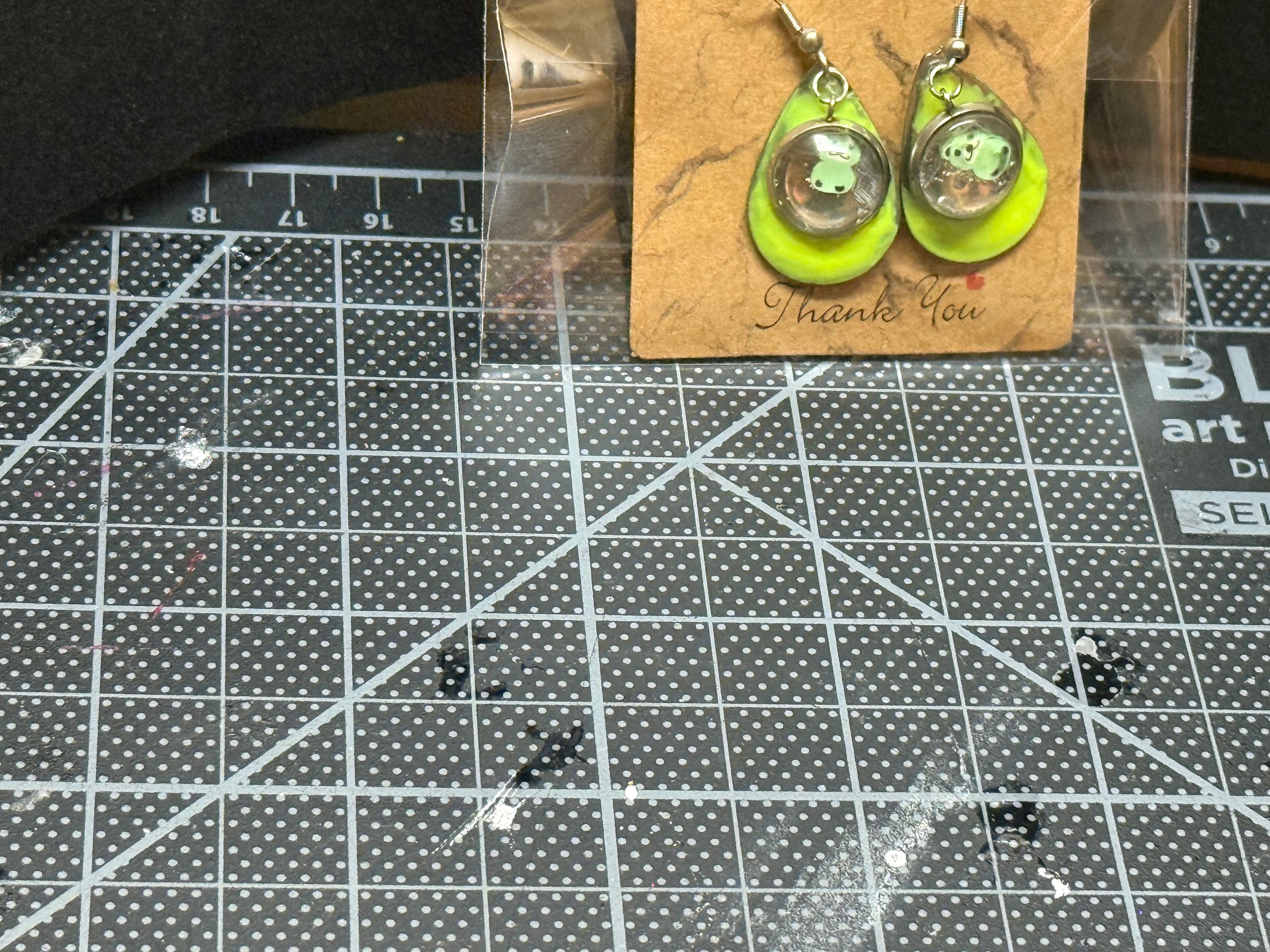 Lime Green Teardrop Earrings with Frog Charm - Handmade Resin Jewelry