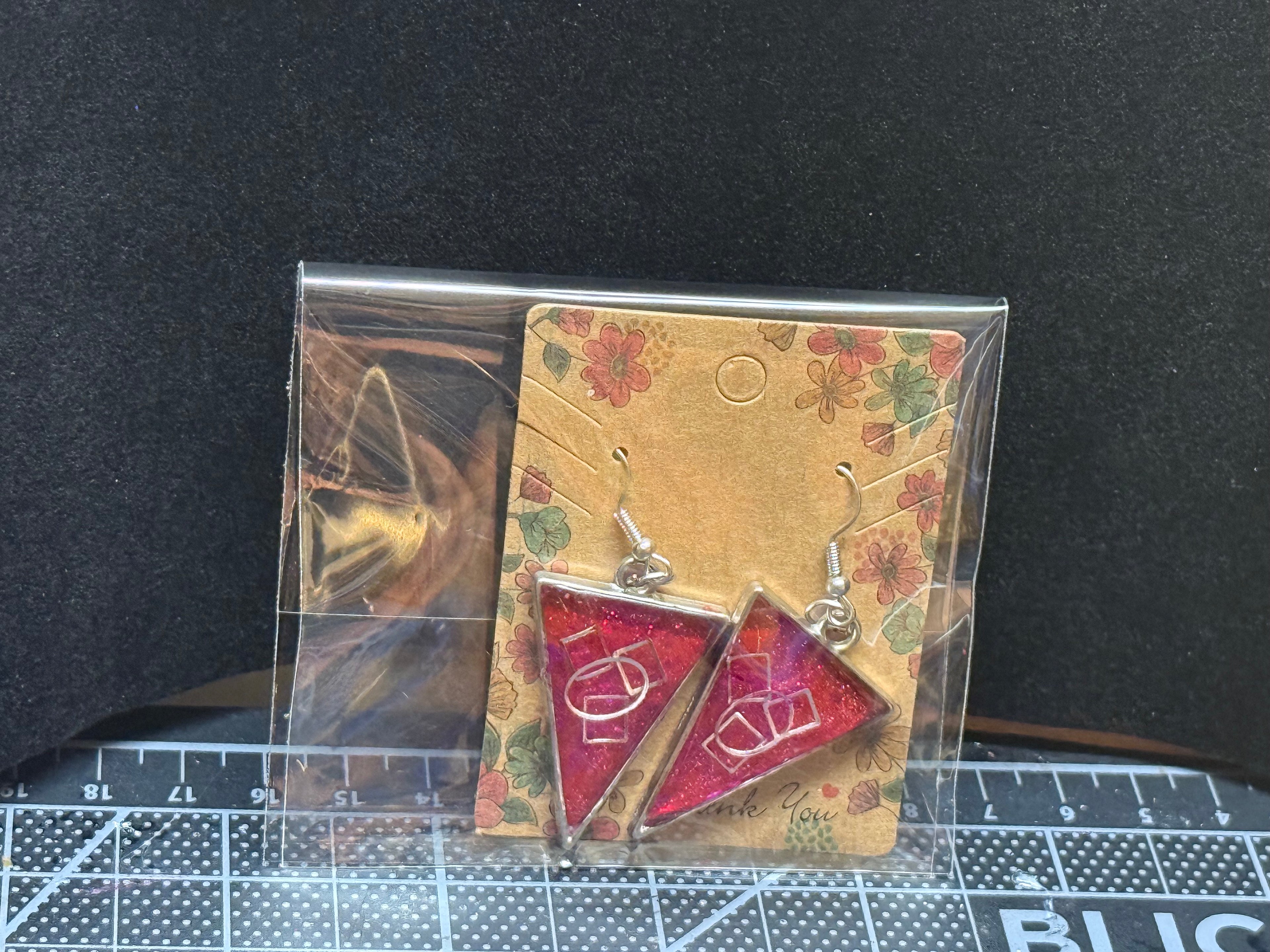 Red Glitter Triangle Earrings with Music Notes - Handmade Statement Jewelry