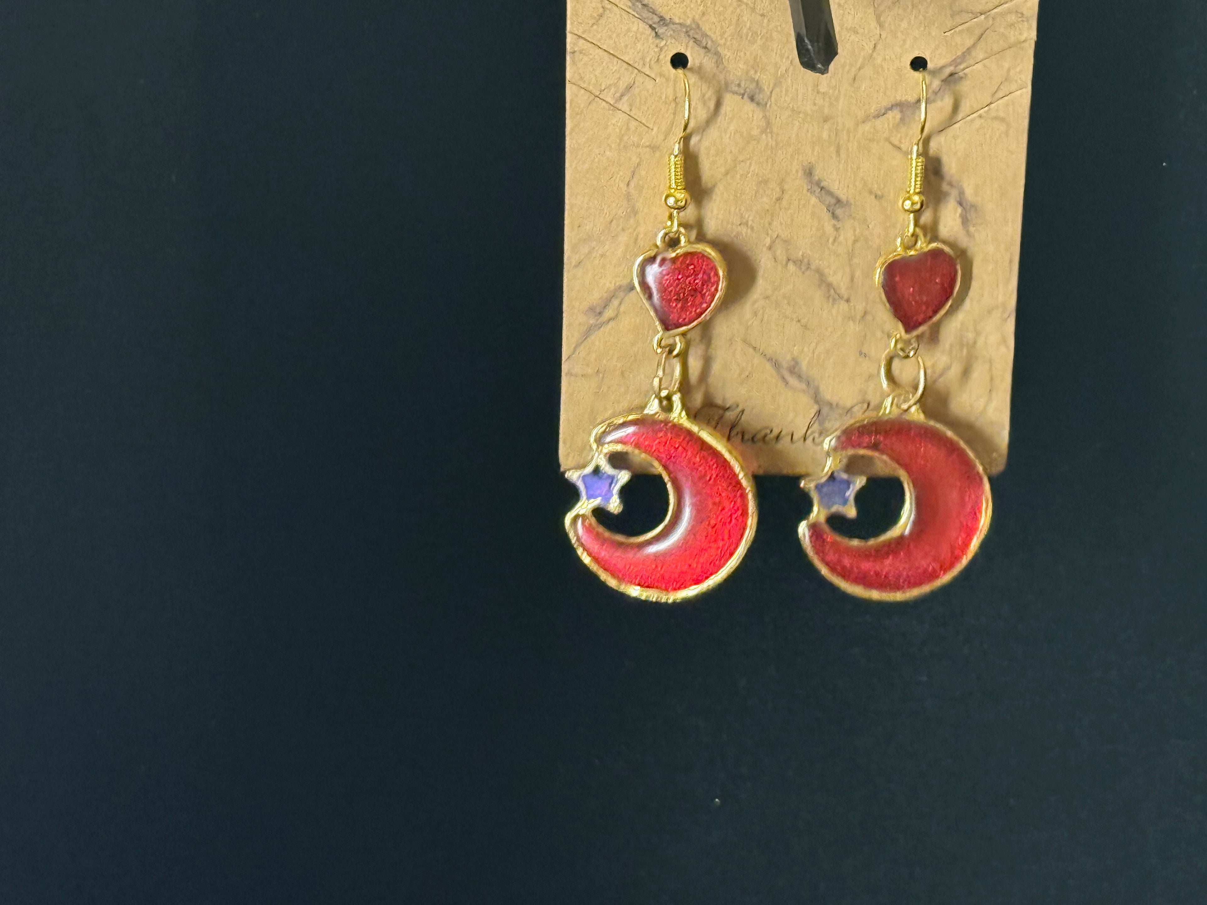 Celestial Moon Star Heart Earrings - Red & Gold