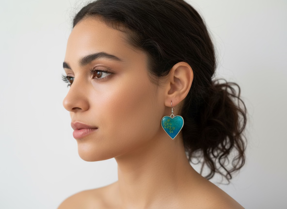 Heart-shaped blue earrings with green accents on a black background