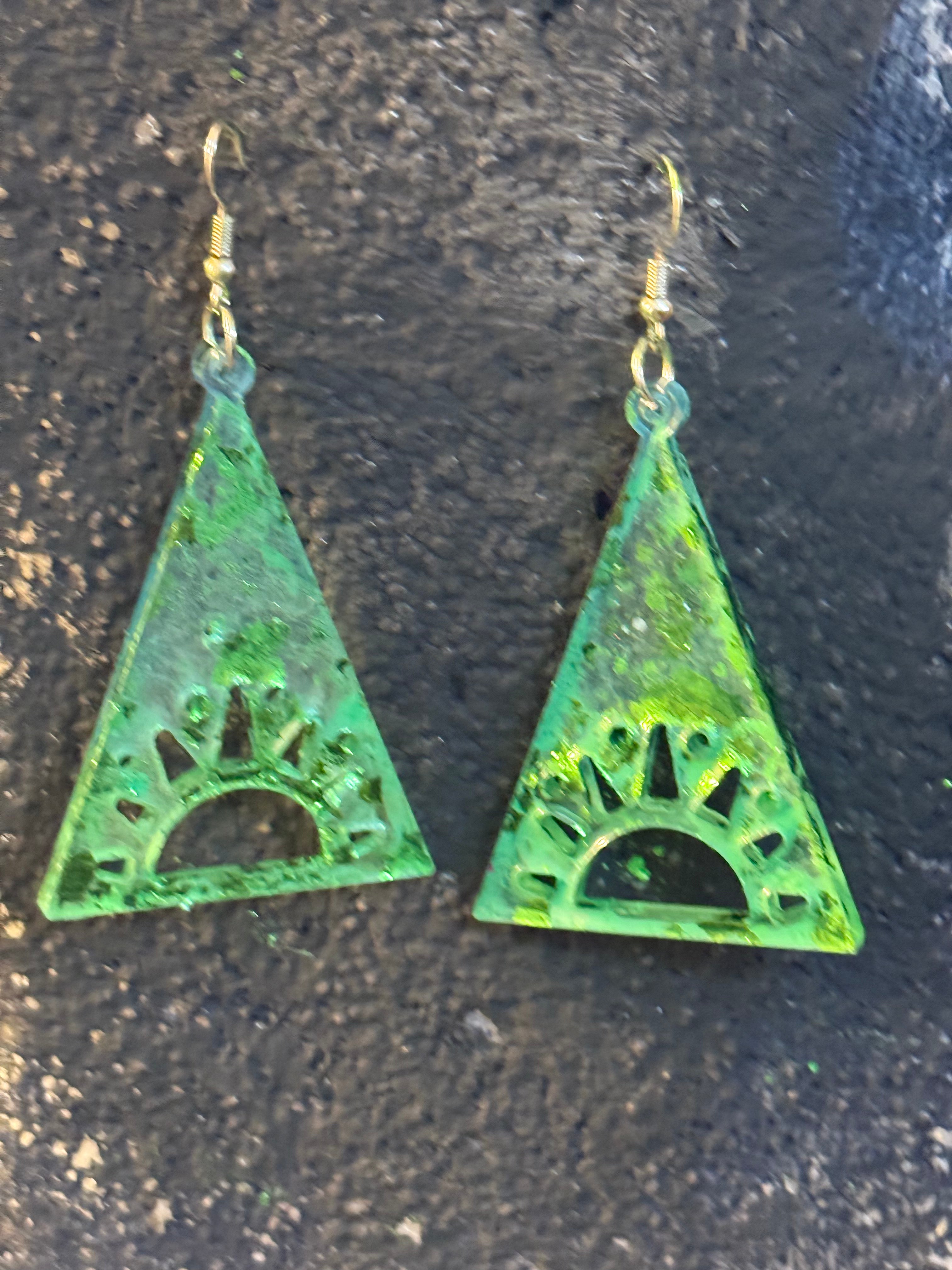 Handcrafted Green Triangle Earrings with Sunrise Cutout Design