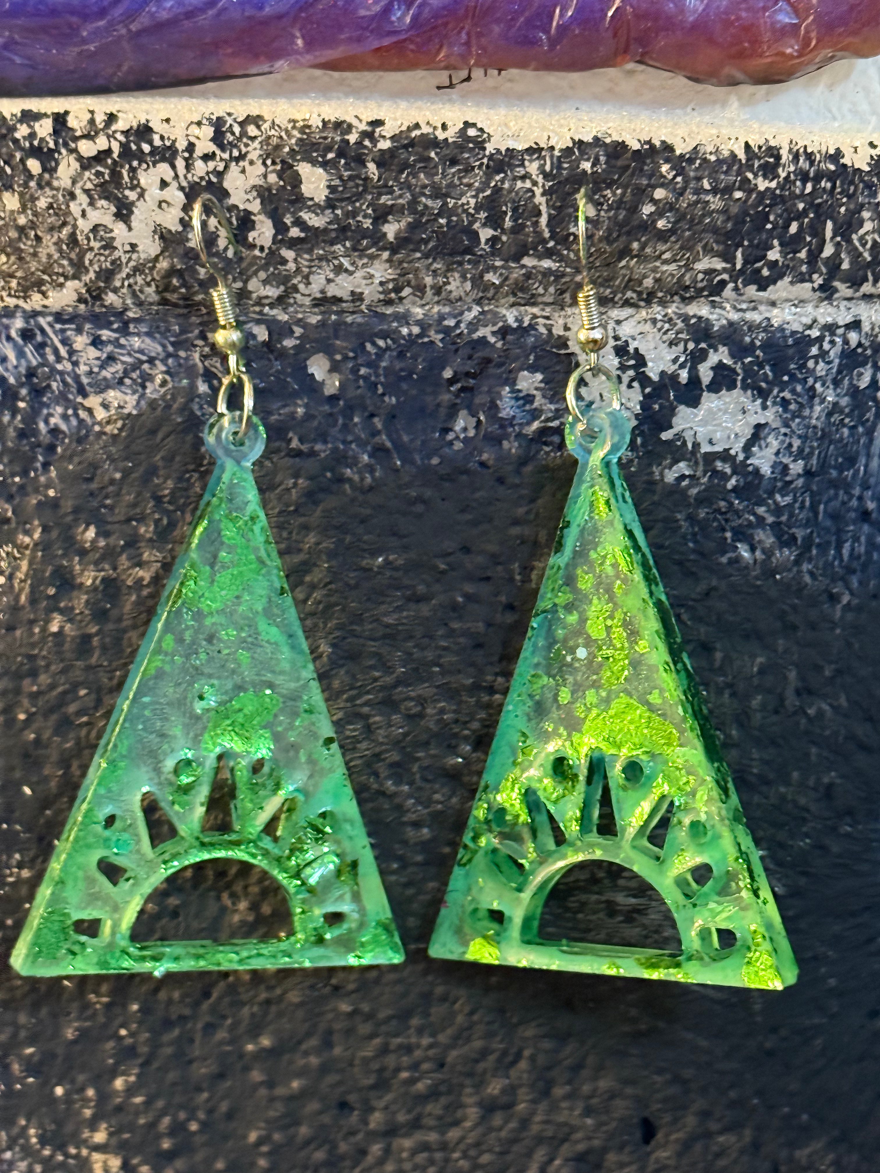 Handcrafted Green Triangle Earrings with Sunrise Cutout Design