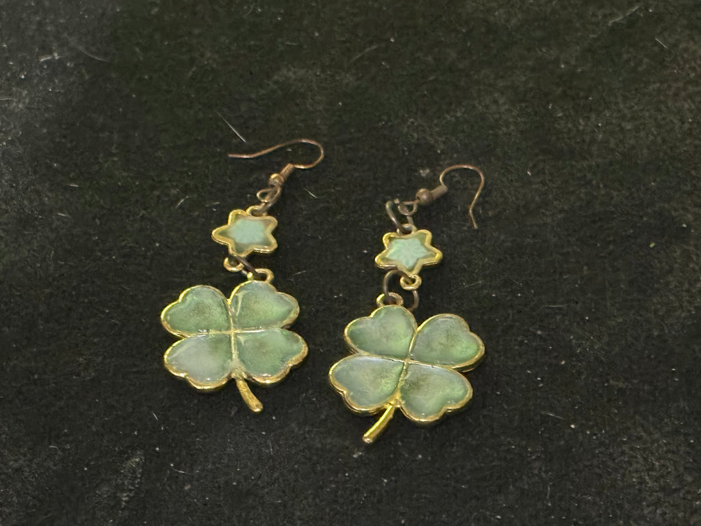 Lucky Four Leaf Clover Dangle Earrings - Mint & Green Enamel