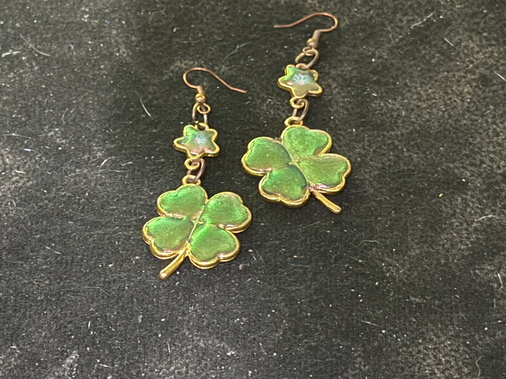 Lucky Four Leaf Clover Dangle Earrings - Mint & Green Enamel