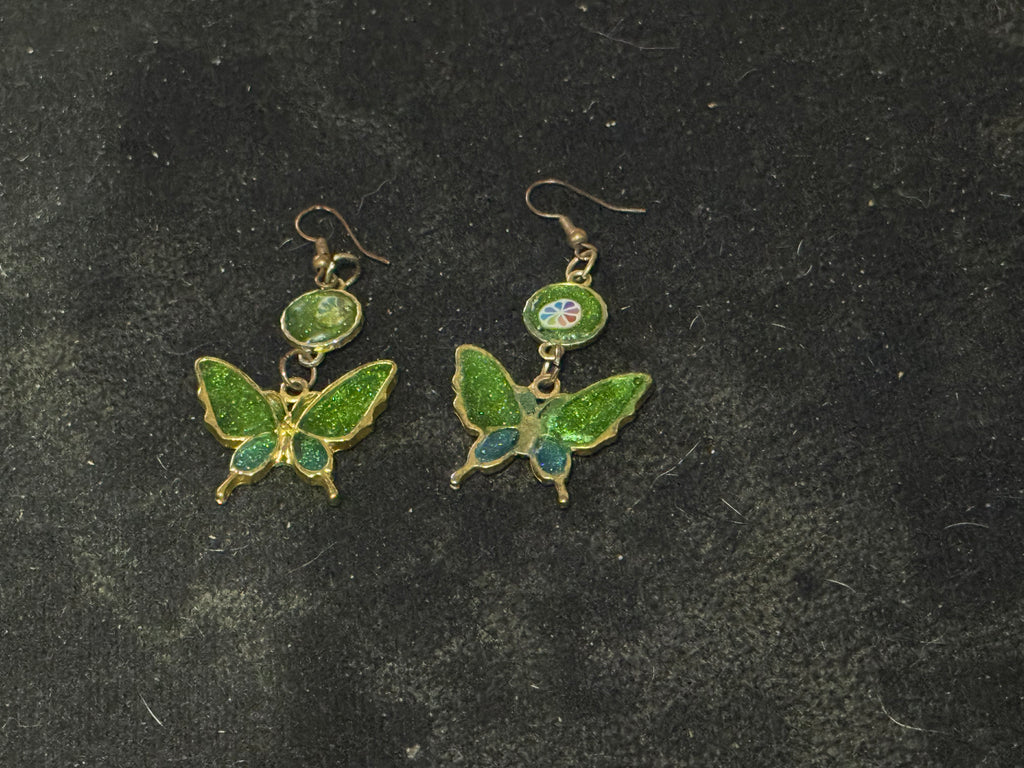 Enchanted Garden Butterfly Earrings - Green Glitter Enamel
