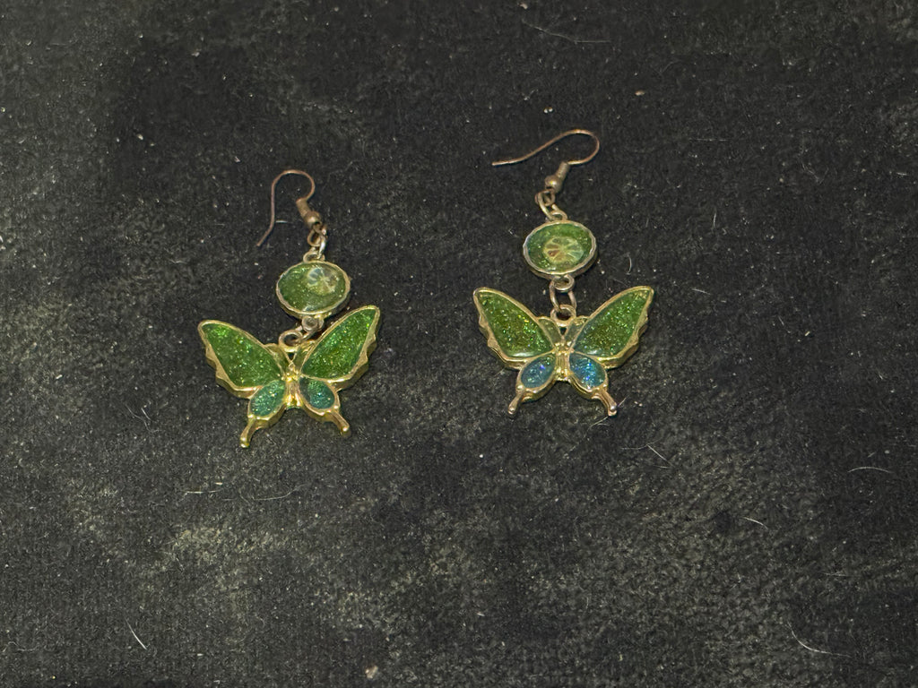 Enchanted Garden Butterfly Earrings - Green Glitter Enamel