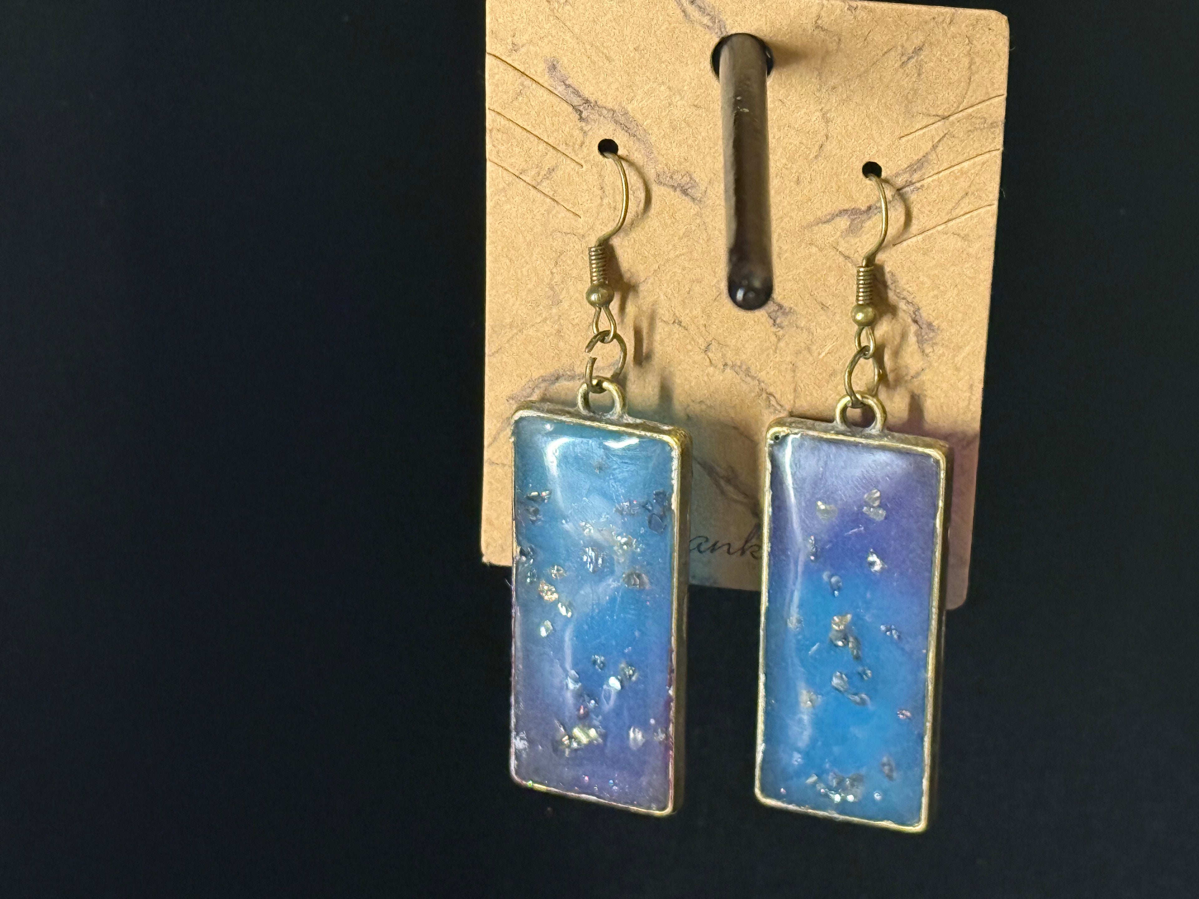 Blue Gold Flake Rectangle Resin Earrings - Luxe