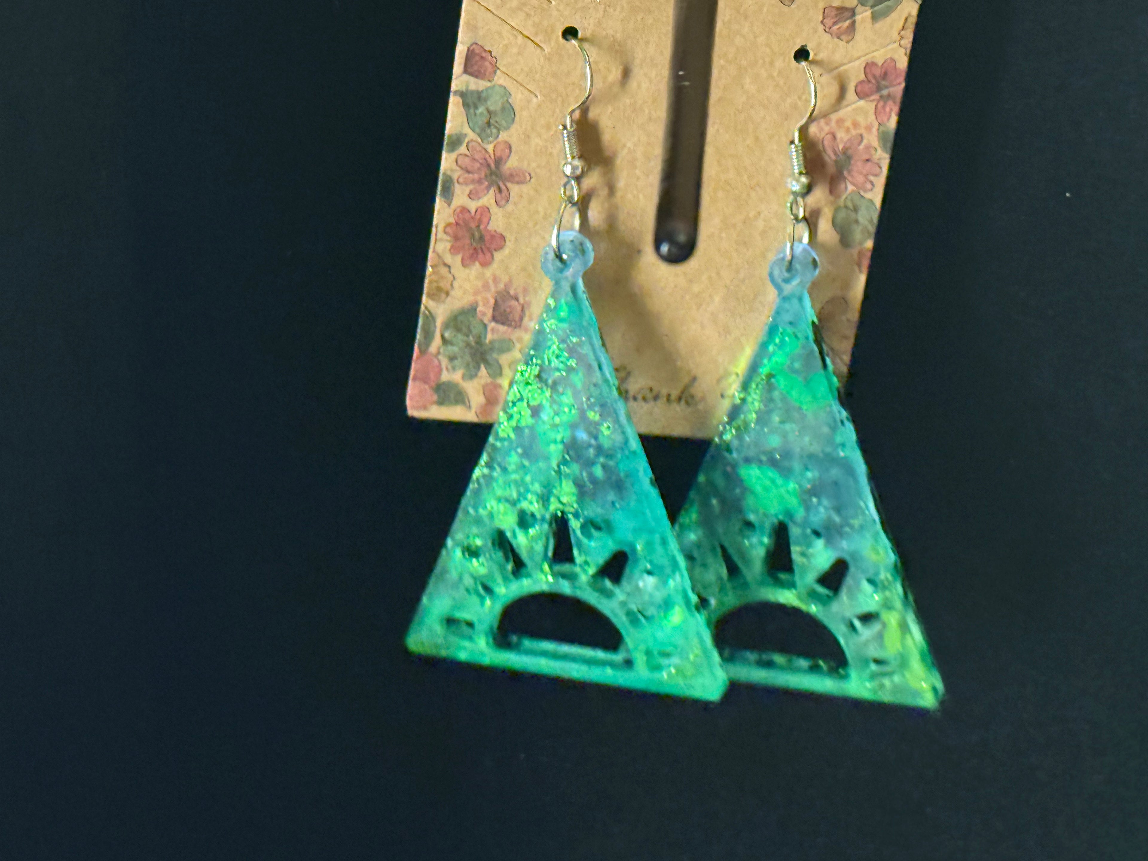 Handcrafted Green Triangle Earrings with Sunrise Cutout Design