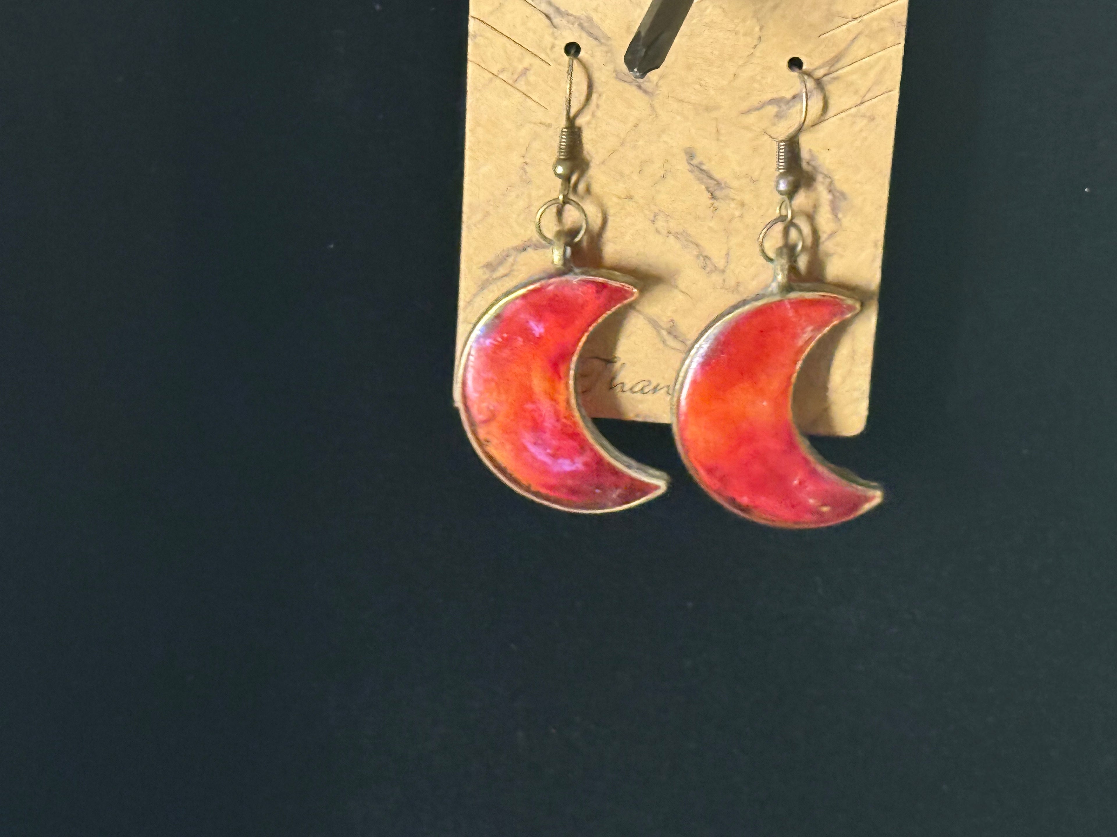 Celestial Crescent Moon Earrings - Pink & Orange Ombre Resin
