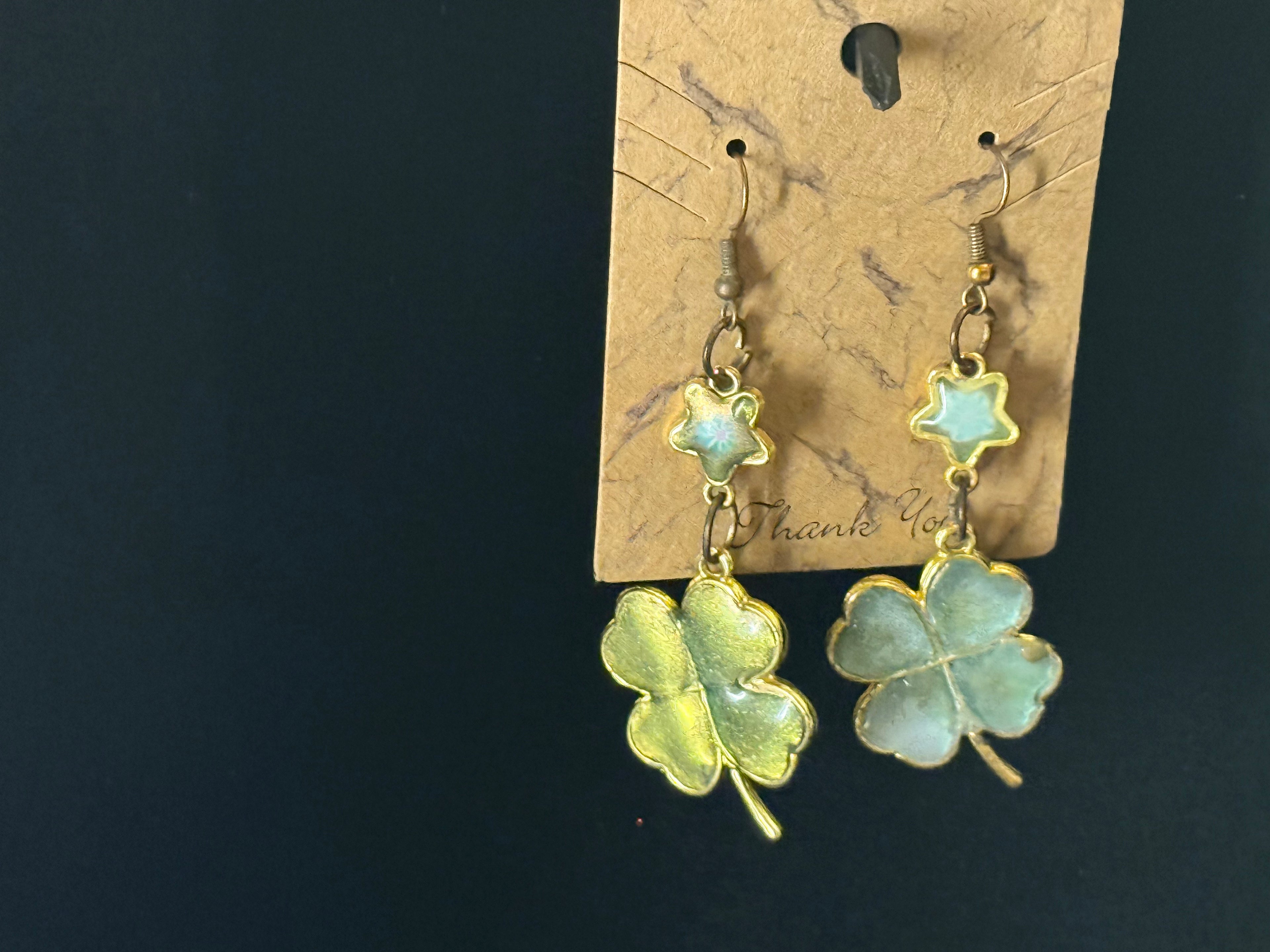 Lucky Four Leaf Clover Dangle Earrings - Mint & Green Enamel