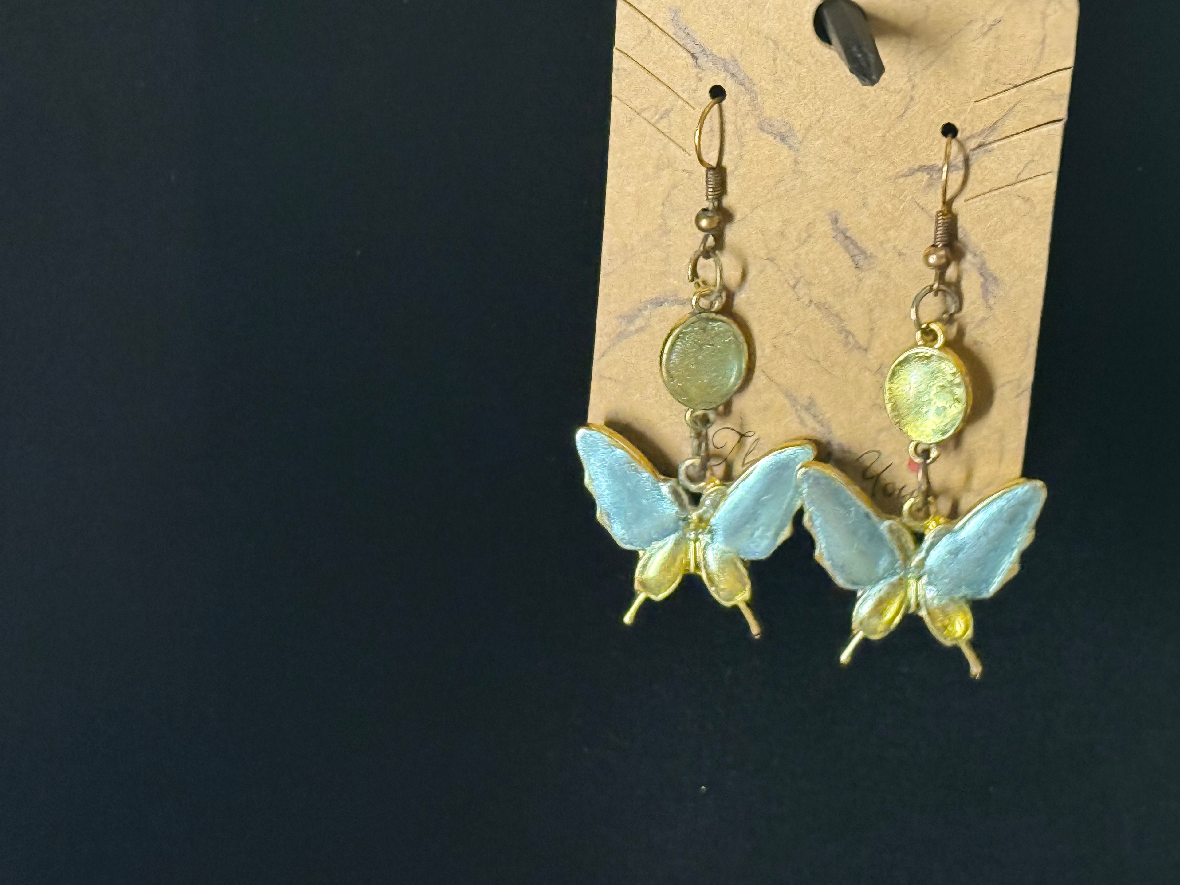 Delicate Butterfly Dangle Earrings with Yellow Resin Accent