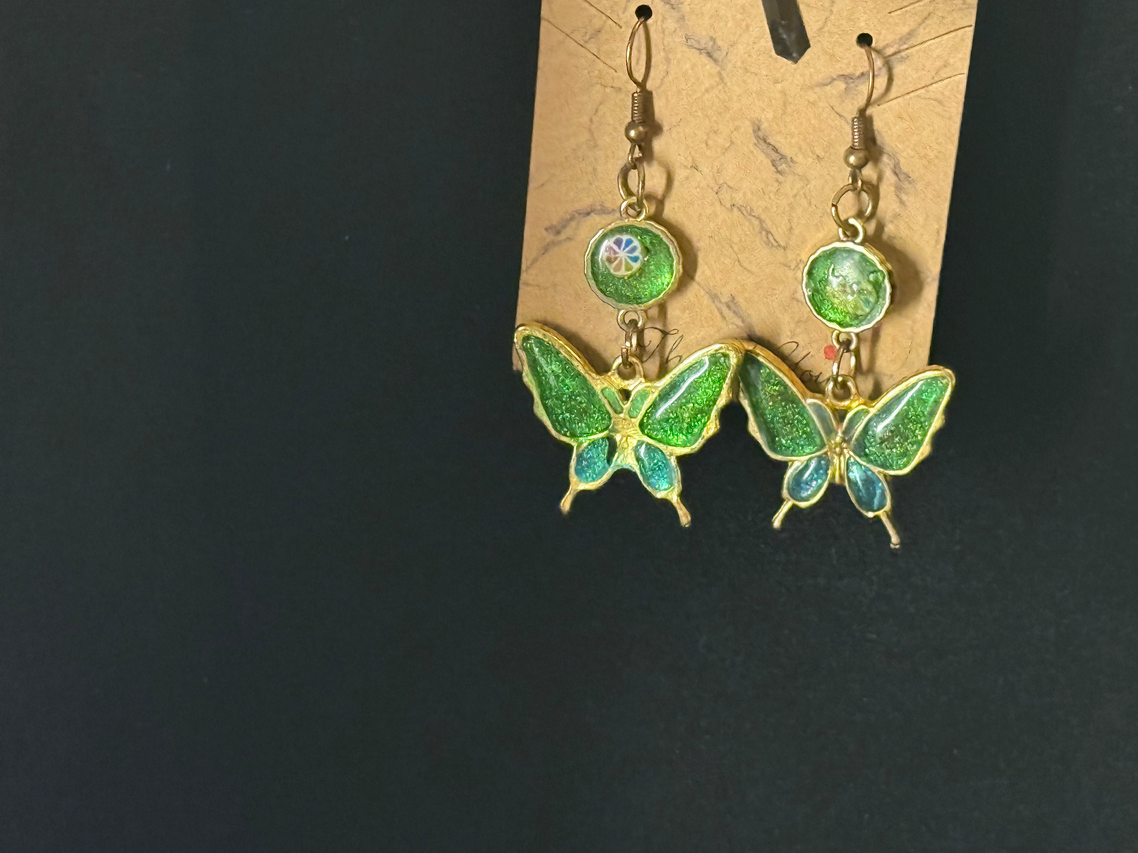 Enchanted Garden Butterfly Earrings - Green Glitter Enamel