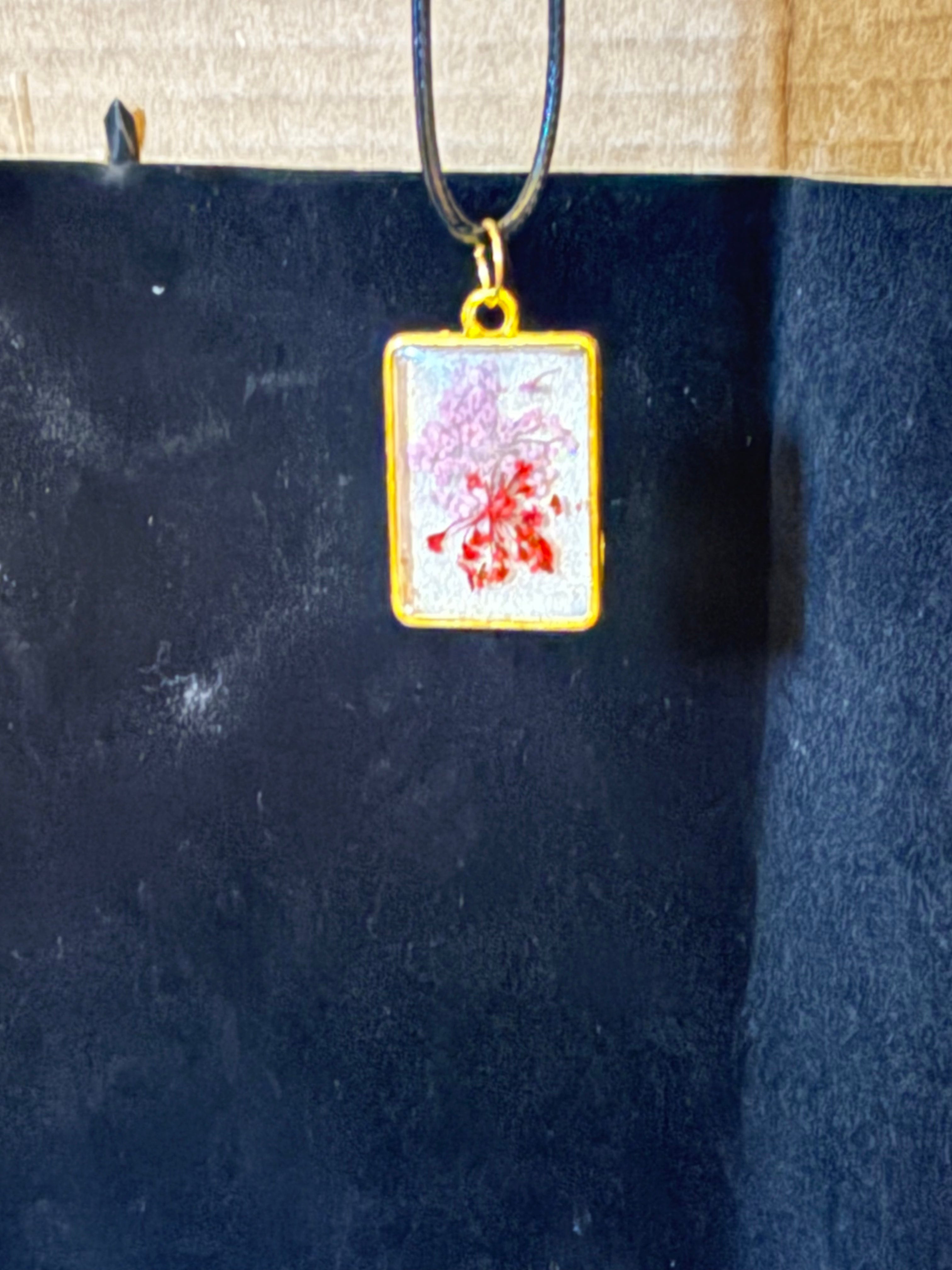 Pink Coral Flower Rectangle Resin Pendant Necklace