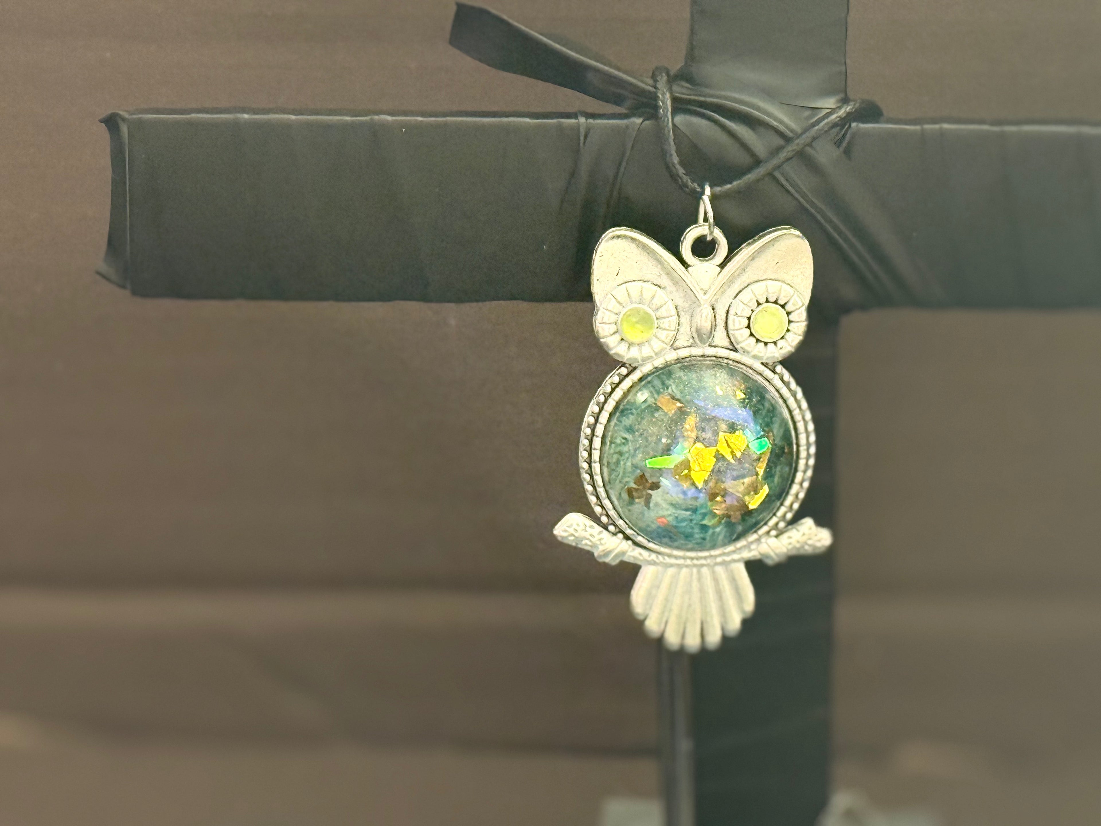 Owl Flower Resin Necklace - Blue Yellow Botanical