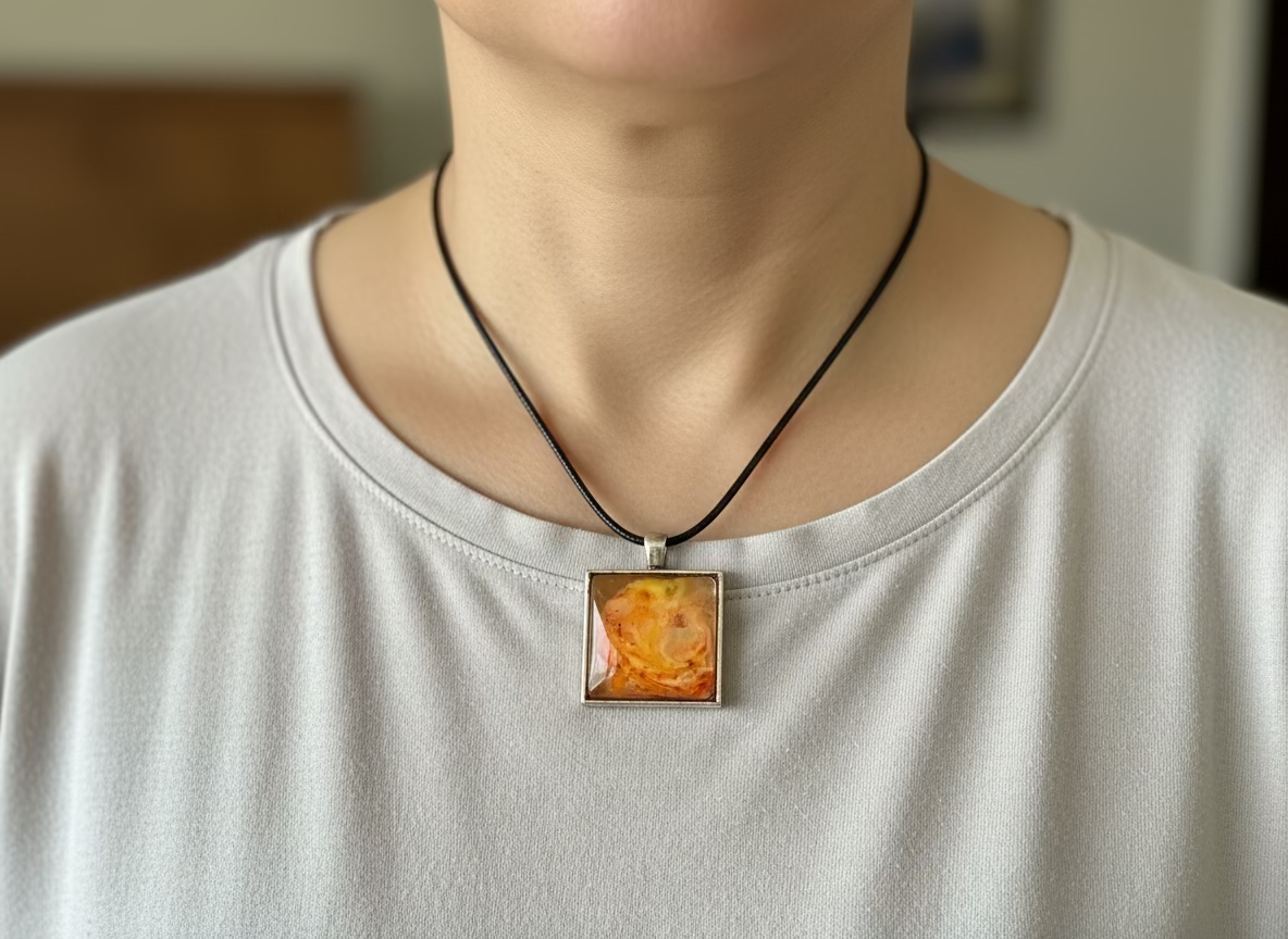 Square pendant with orange stone on a black ribbon against a brown background