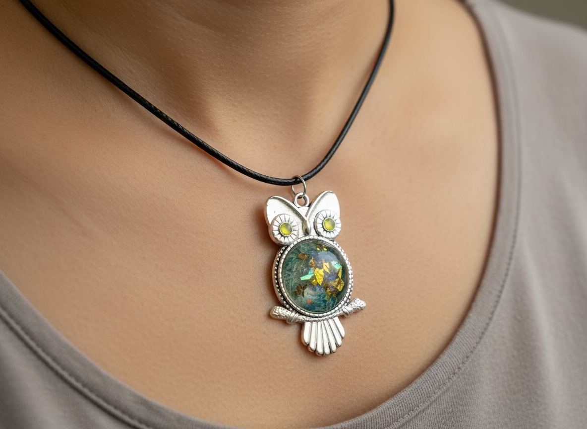 Silver owl-shaped pendant with a colorful design on a black background